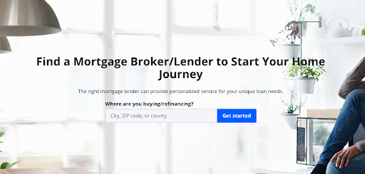 Zillow landing page titled "Find a mortgage broker/lender to start your home journey"