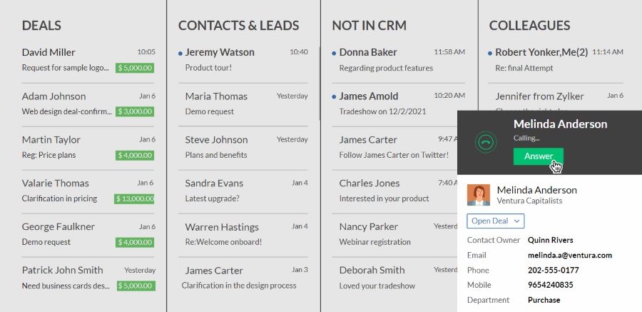 A screenshot showing a call widget within Zoho CRM's omnichannel platform.