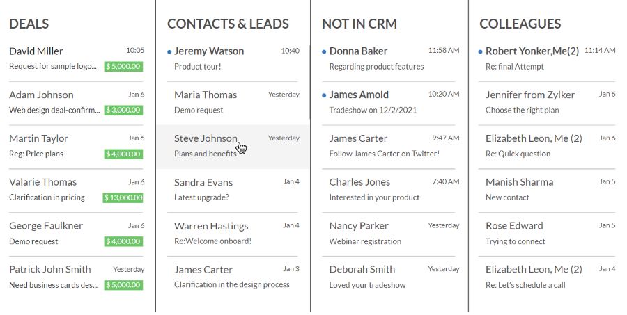 An example of how Zoho CRM's email integration allows users to view customer emails from within their CRM.