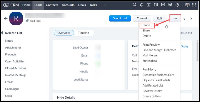 A screenshot of Zoho CRM's Leads tab illustrating the process of creating and cloning a lead.