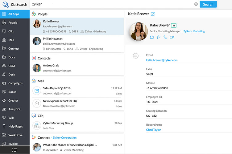 An example of Zoho CRM's contact management page.