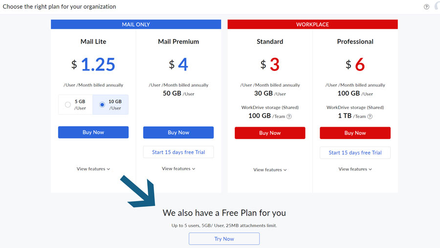 Free Plan option for Zoho Mail.