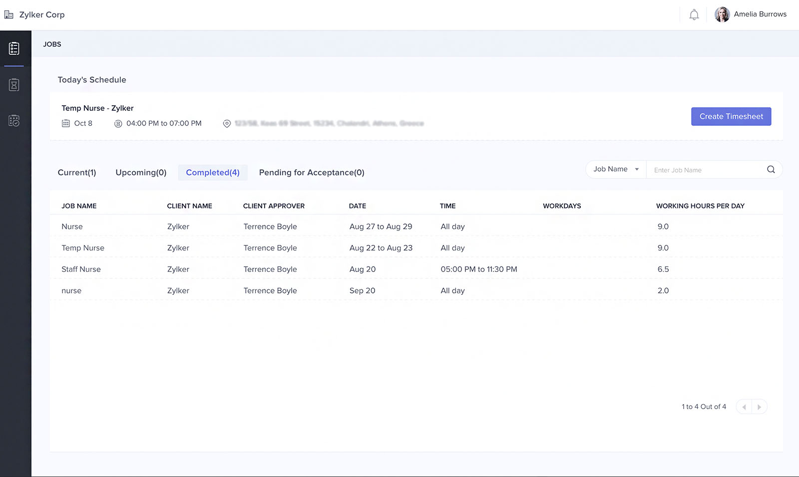 A screenshot showing the job scheduling module of Zoho Workerly's temp portal.