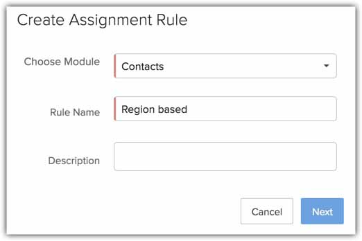 Creating a record assignment rule in Zoho CRM.