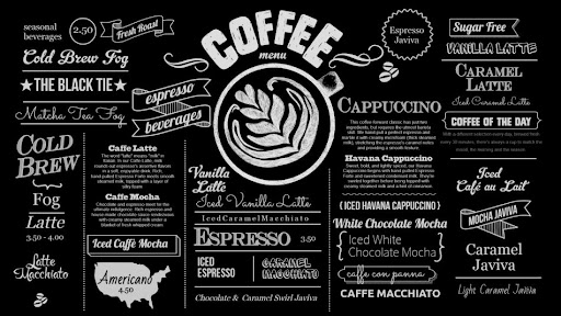 Black-and-white styled coffee menu.