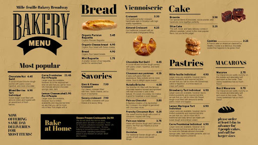 Rustic bakery menu with breads, pastries, and desserts.