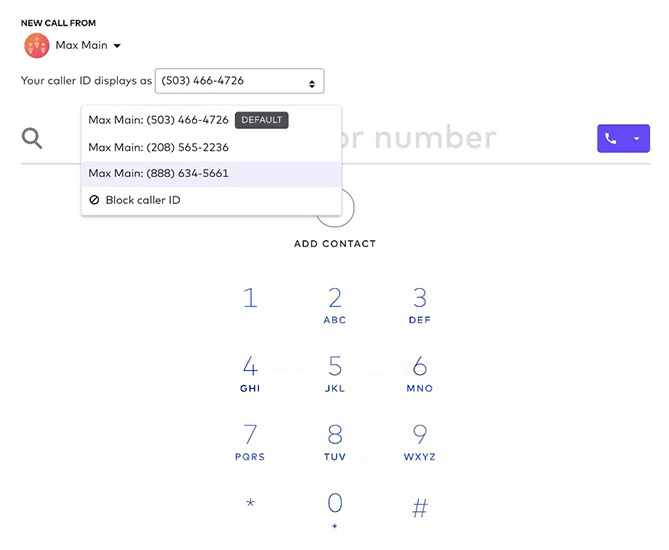Dialpad interface showing a keypad and the option to change the caller ID display