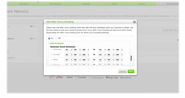 A dialog box on the eVoice platform showing the after-hours greeting feature