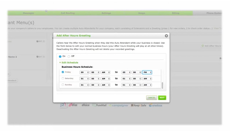 A dialog box that popped up on the eVoice platform showing the "Add After Hours Greeting" settings