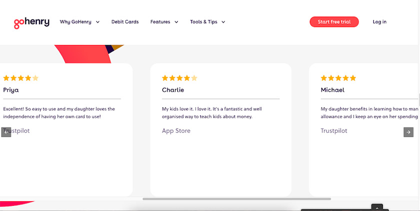 Section of gohenry's website showing user reviews