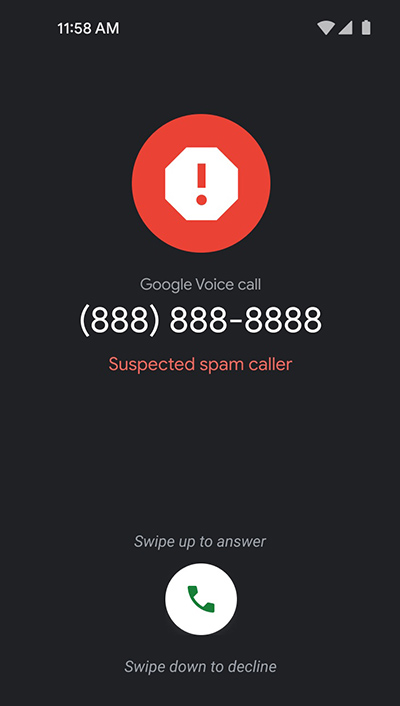 A smartphone showing an incoming Google Voice call with a "Suspected spam caller" warning
