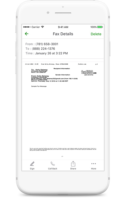 A smartphone showing the virtual fax feature on Grasshopper, containing the sender and recipient of the fax, date and time sent, and the actual fax document