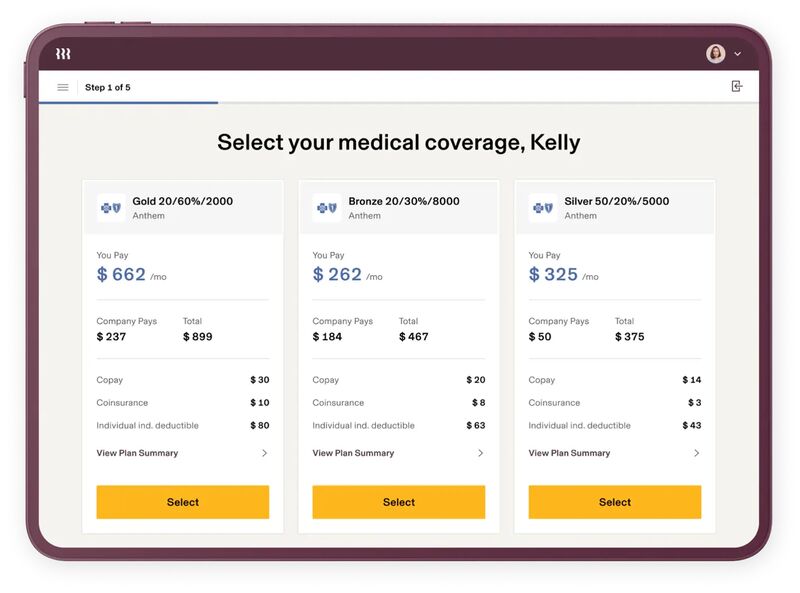 health benefits options with pricing and buttons for selecting medical coverage