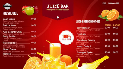 Clean and clear juice menu.
