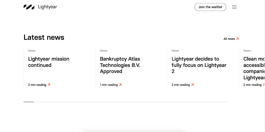 Latest news section of Lightyear's website