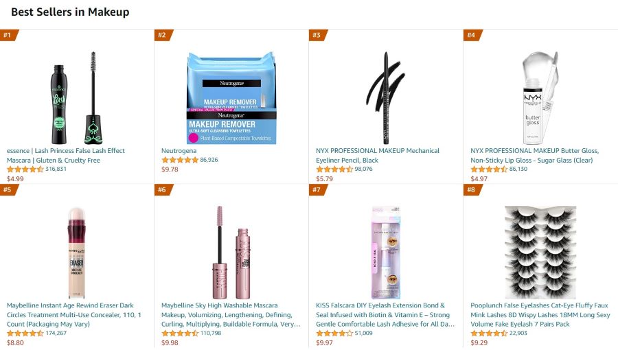 A screenshot of Amazon's Best Sellers list in the makeup category, showing the top eight makeup products.