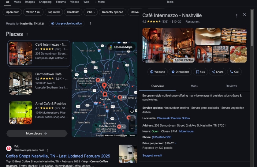 An example of a Google Business Profile for a cafe in Nashville with complete information and photos.