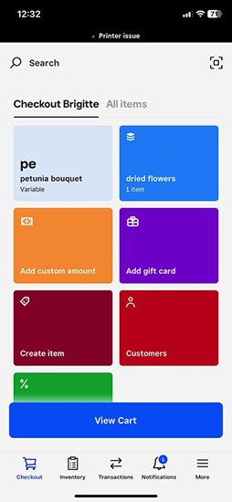 Brigitte's checkout grid with custom tiles for pe, dried flowers, add customer, and more.