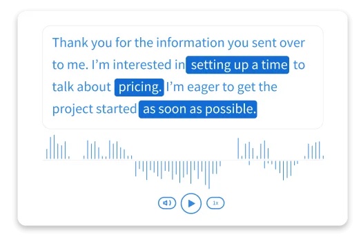 A transcription of a call recording on CallRail with a blue highlight on the words "setting up a time," "pricing," and "as soon as possible".