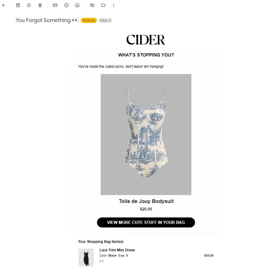 An email from the company Cider displaying two women's clothing items with text encouraging the recipient to buy.