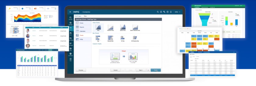 Caspio's random dashboard views showing color and format customization examples.