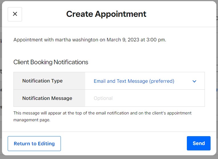 Client notification settings in Square Appointments.