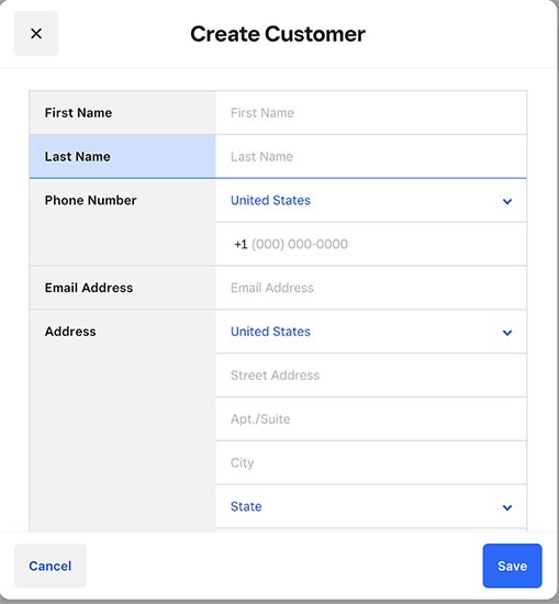 Create Customer form on Square for Retail.