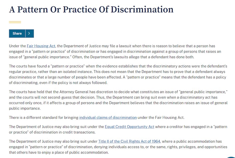 Description of "A Pattern or Practice of Discrimination" from the Department of Justice.