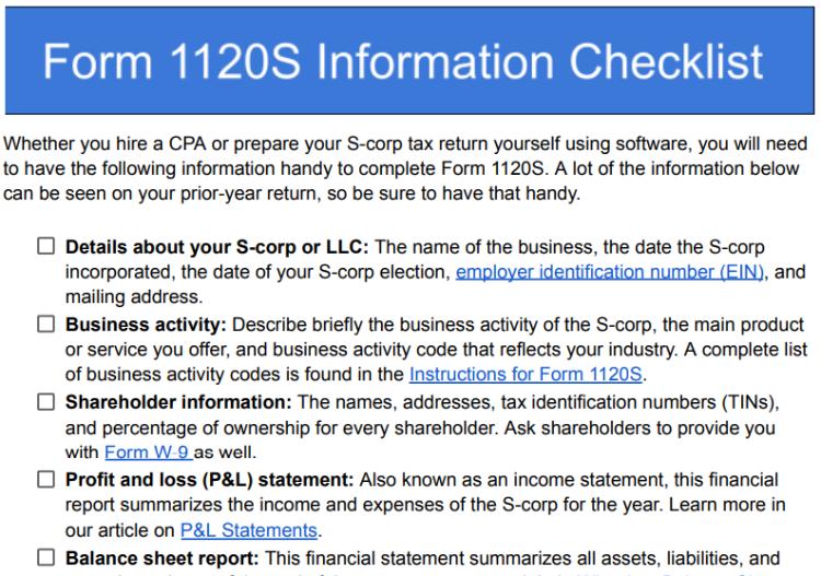 Form 1120s information checklist.