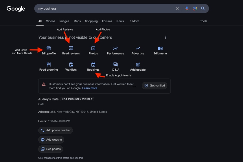 Google Business's dashboard for managing your business profile with sections for editing your profile, reviews, photos, and bookings.