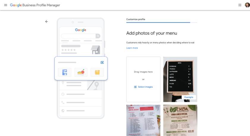 Google Business Profile's prompt to add photos to your profile.
