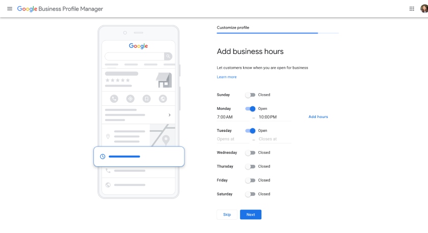 Google Business Profile's prompt to add your business hours to your profile.