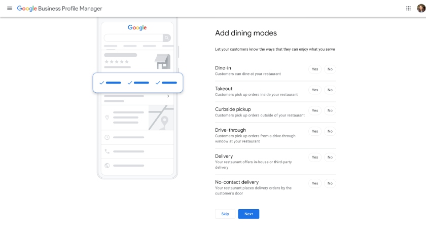 Google Business Profile's prompt to add your dining modes to your profile (if you own a food establishment).