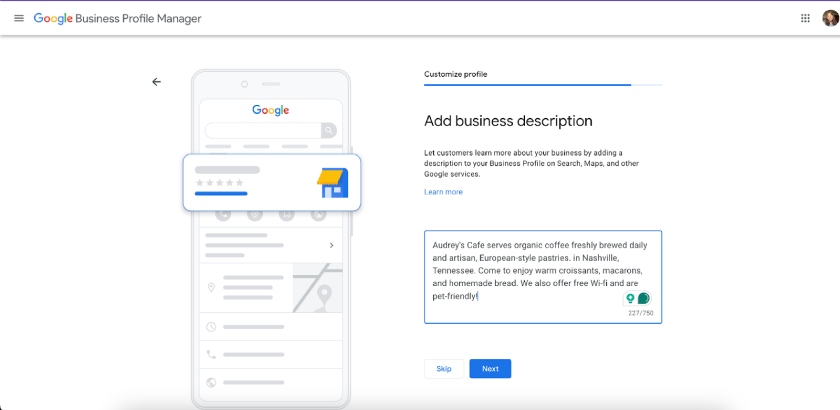 Google Business Profile prompts you to write a short description of your business.