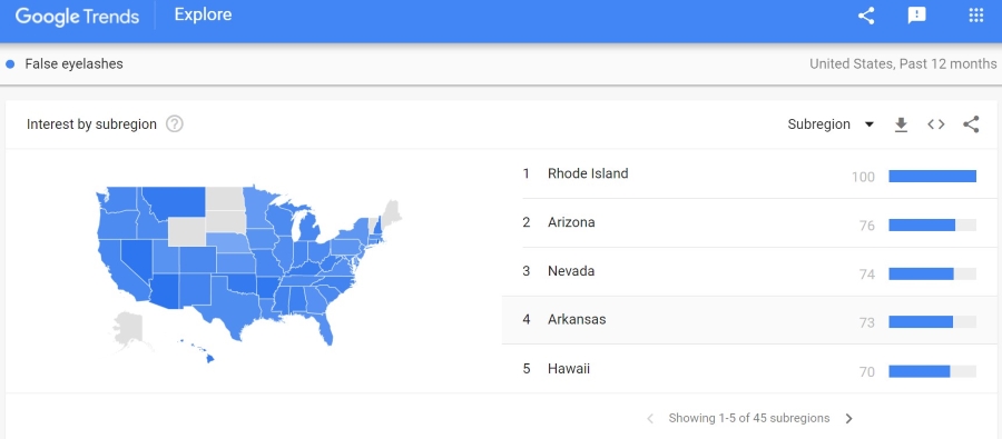 A screenshot of the Google Trends tool showing interest for 'false eyelashes' by subregion on a color-coded map.