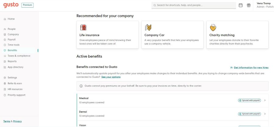 Gusto payroll benefits page showing the benefits your employees have and making recommendations for other benefit programs.