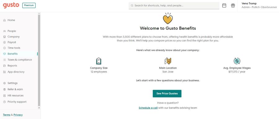 Image from Gusto Payroll's benefits request page, showing the information it will use for a quote.