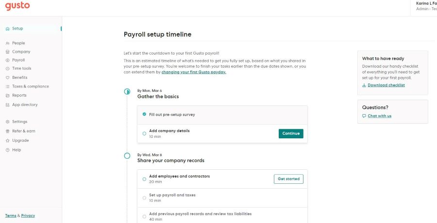 Gusto payroll home page showing you the setup steps, with task time and timelines.