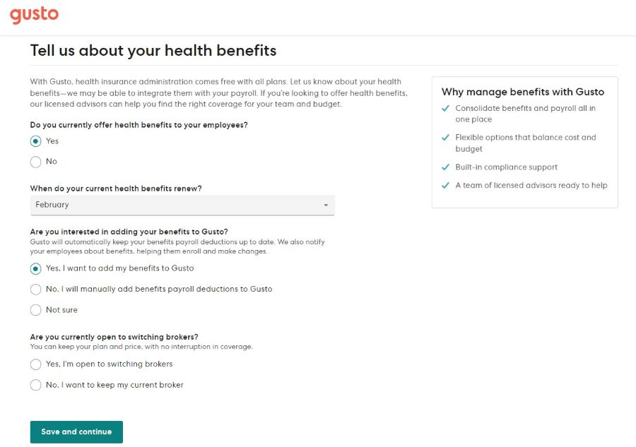 Gusto payroll setup page where you designate how you want to manage benefits.