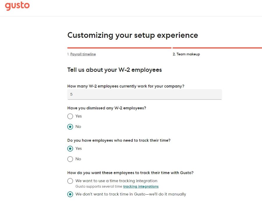 Gusto payroll setup step asking about first payroll date.