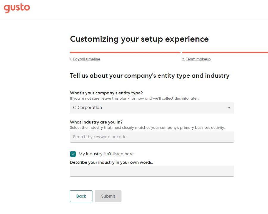 Gusto payroll setup step asking for industry information.