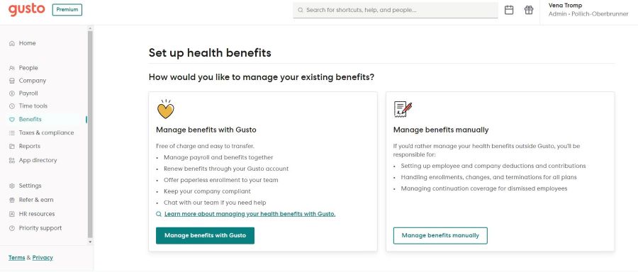 Image from Gusto Payroll showing benefits options for transferring existing benefits plans.