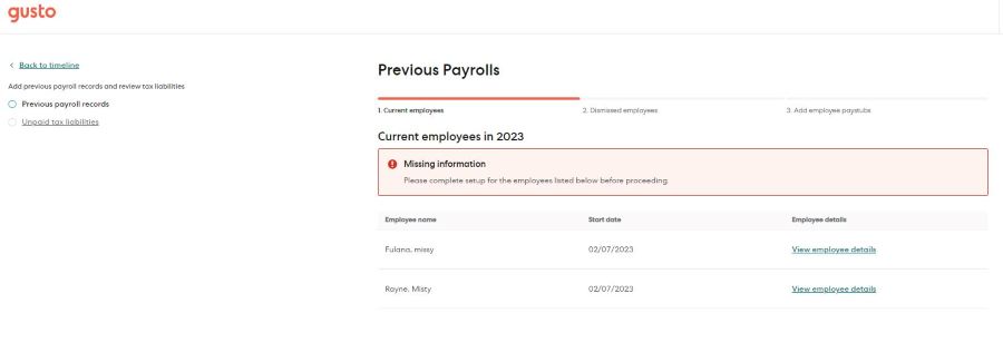 Gusto screen where you input payroll history for each employee.