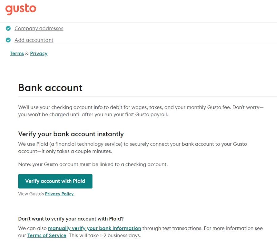 Gusto setup page for verifying your bank account.