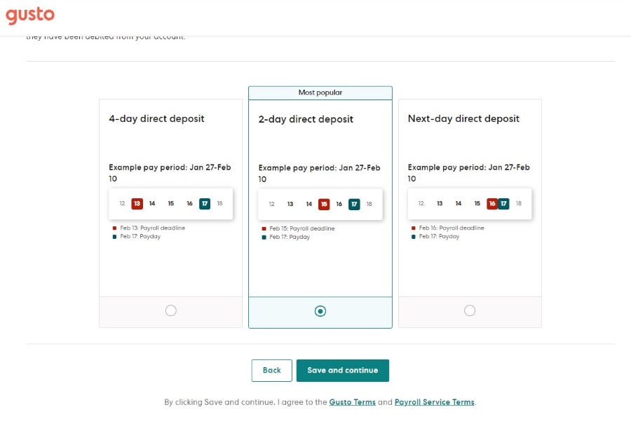 Gusto setup screen asking offering a choice of direct deposit speeds for payroll.
