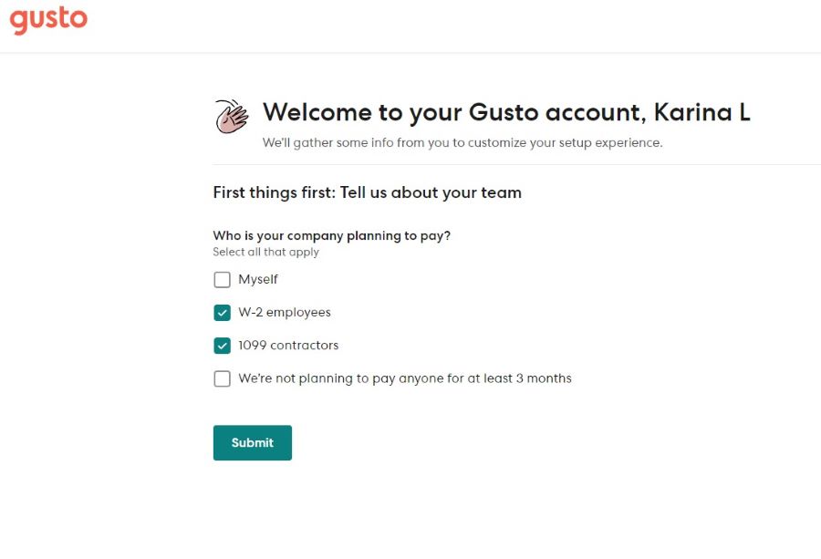 Gusto setup step asking about employee types.