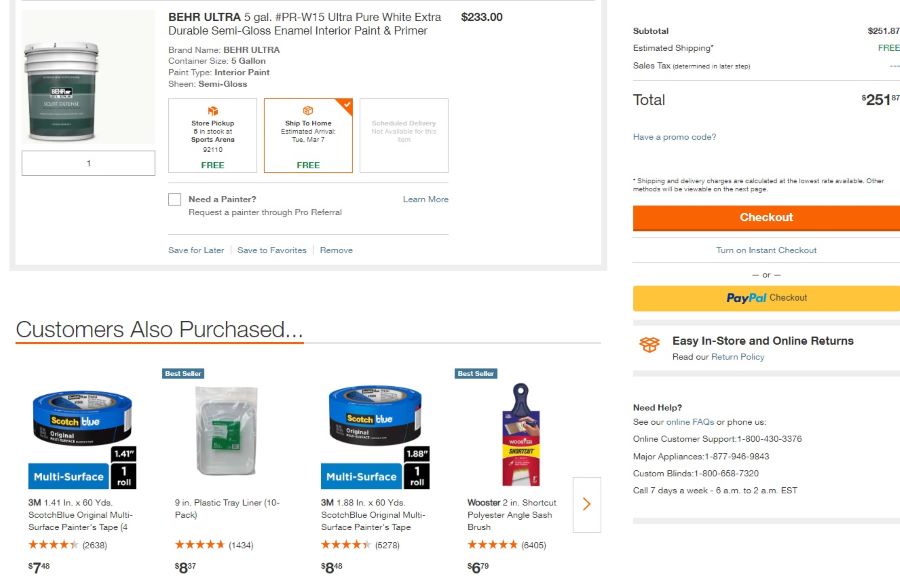 A screenshot of a gallon of paint on the Home Depot checkout page with product recommendations for tape, brushes, and plastic liners.