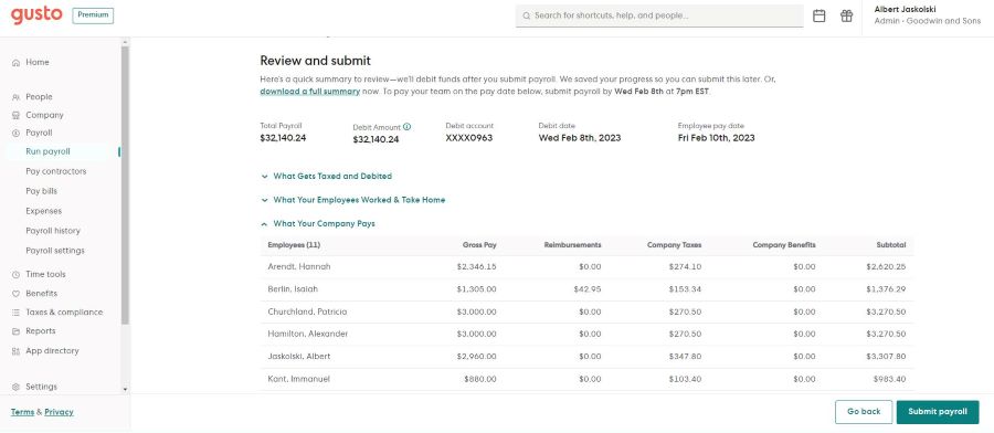 Image showing the review page before submitting payroll in Gusto.