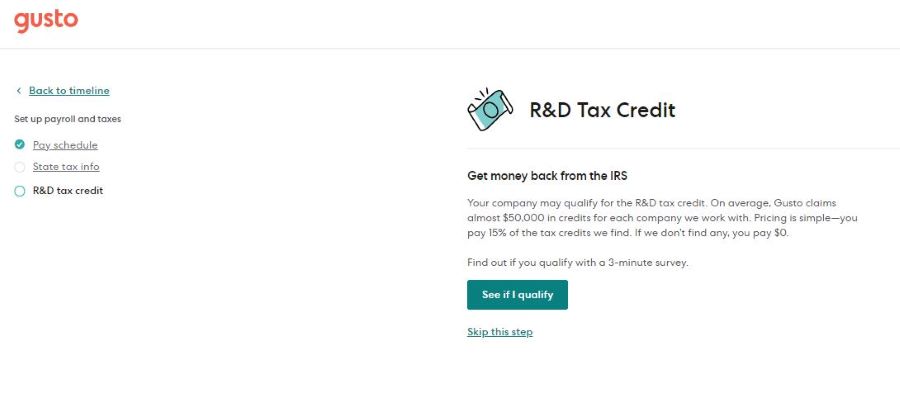 Image from Gusto payroll showing the software inviting you to check for tax credits.