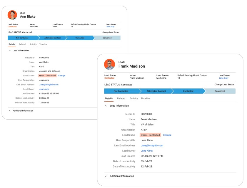 Insightly CRM's sample of pipeline dashboards showing information like record ID and lead status.